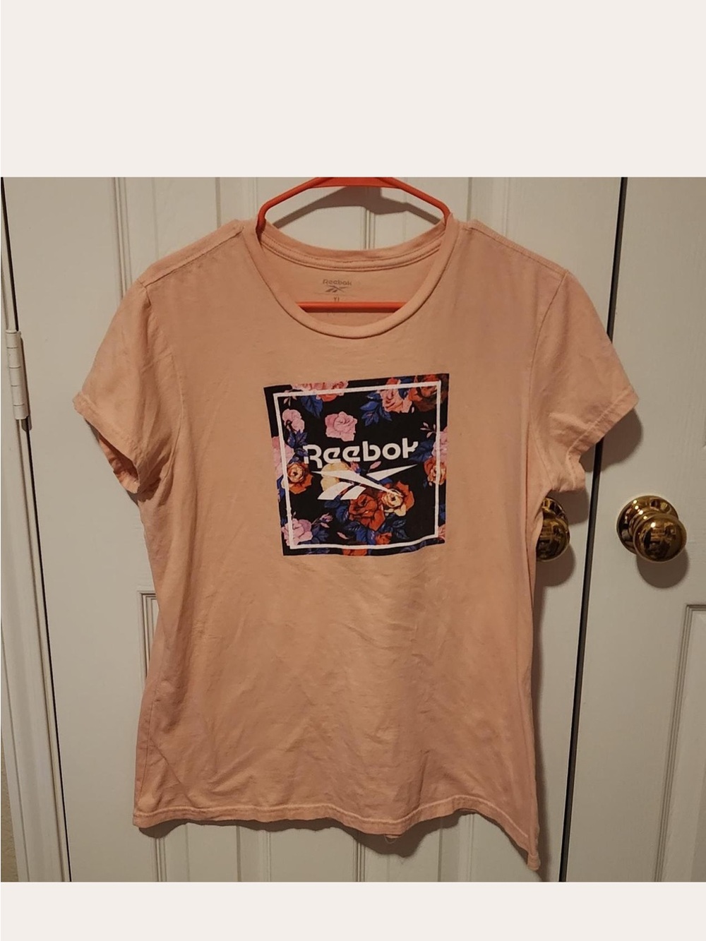 Reebok Women's Peach Short Sleeve Tee with Floral Logo